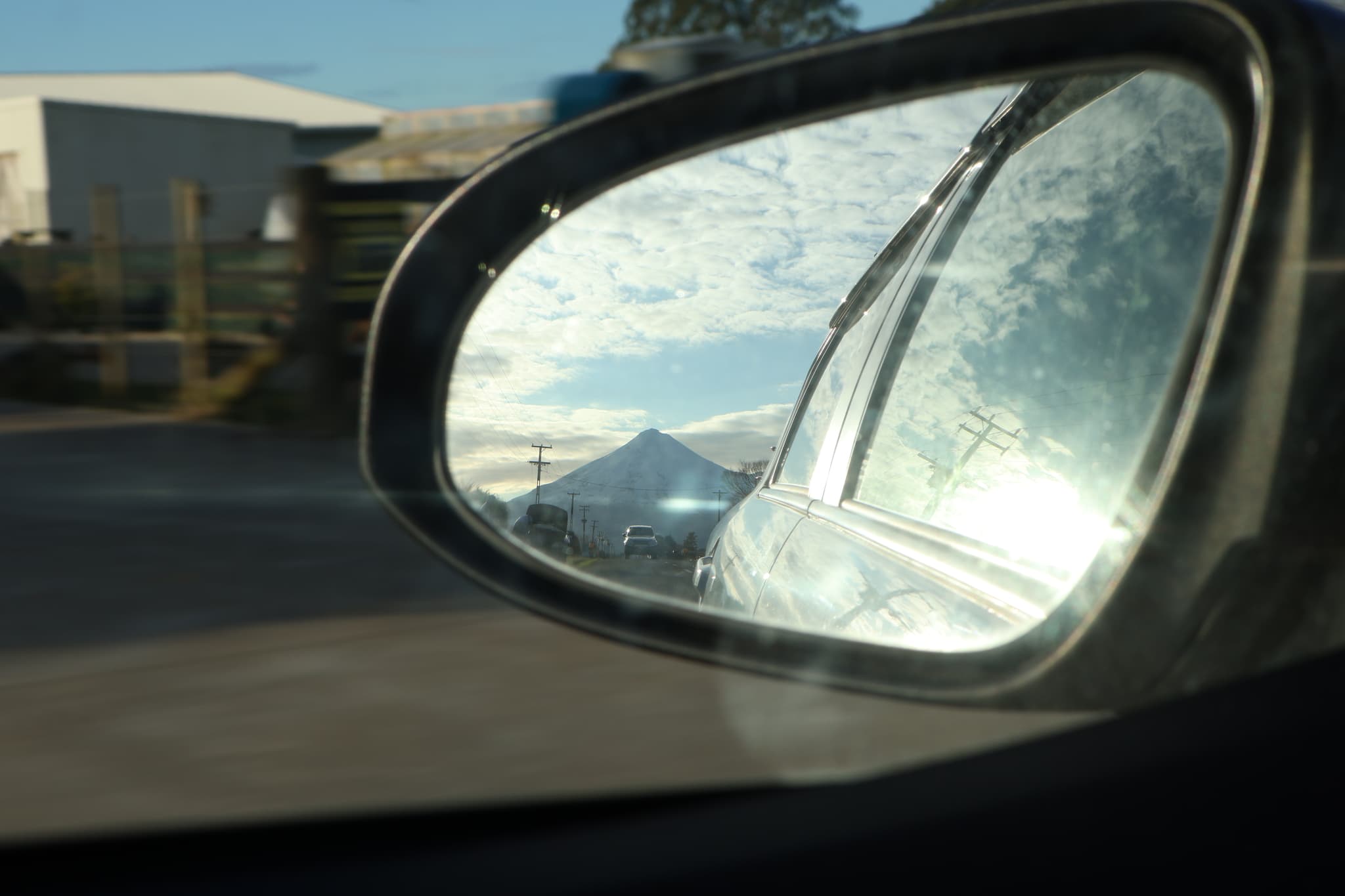 Mt. Taranaki on a rear-view mirror